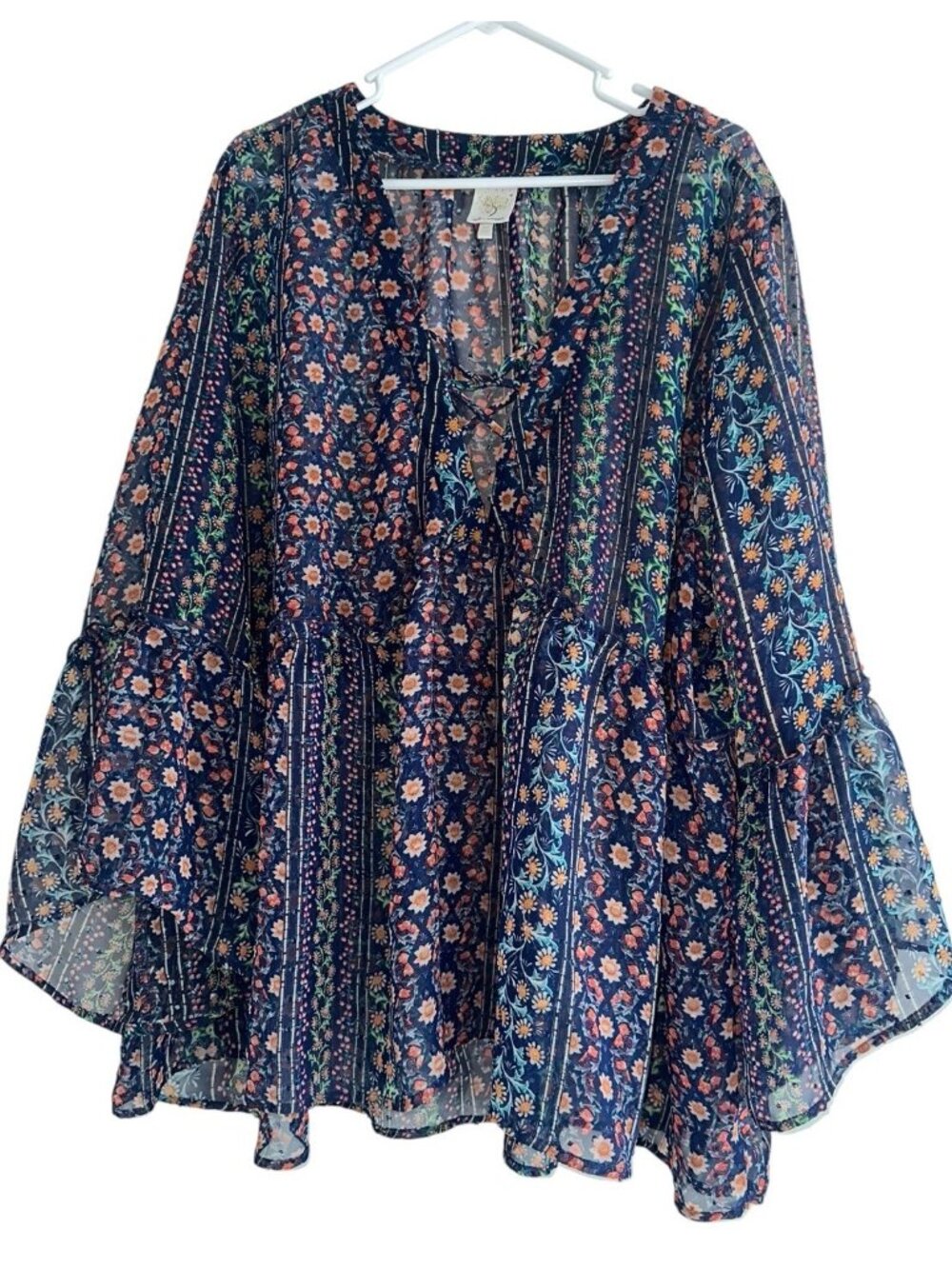 Self Esteem Womens Sheer Bell Sleeve Peasant Top Plus 3X Navy Floral Boho Hippie